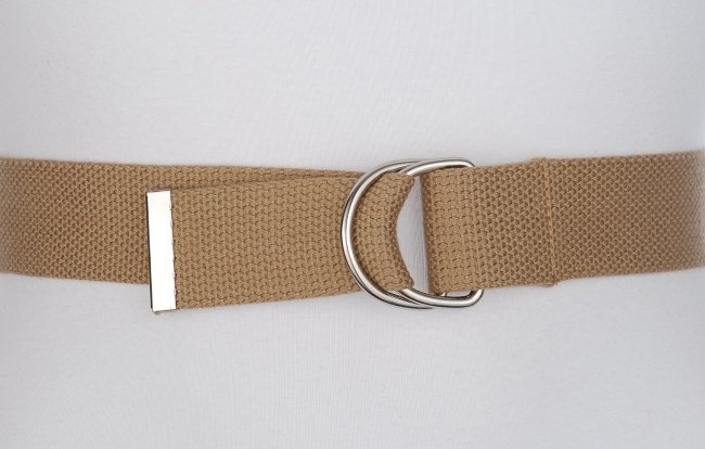 medium khaki web belt with nickel polish D-rings and tab