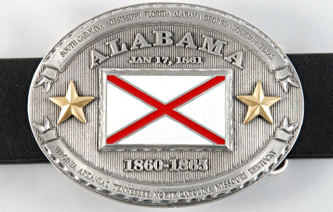 Alabama flag oval belt buckle with gold stars and states of confederacy engraved on border