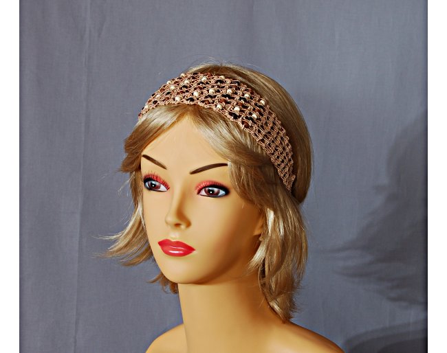 almond cord crochet headband strung with cream, brown and coffee wooden beads on forehead, elastic in back