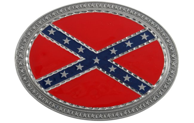 oval red, blue and pewter rebel flag belt buckle