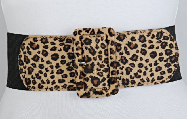 leopard wide fashion stretch waist belt with tall rectangular buckle