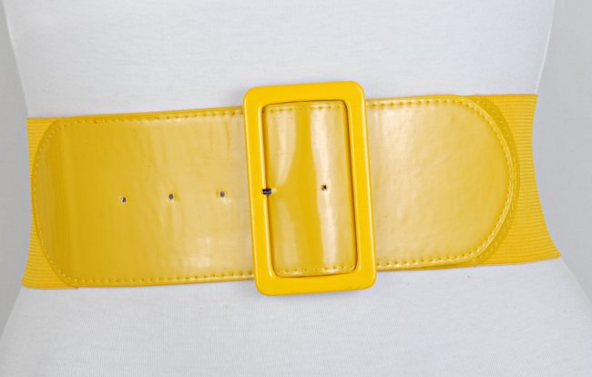 yellow wide fashion stretch waist belt with tall rectangular buckle