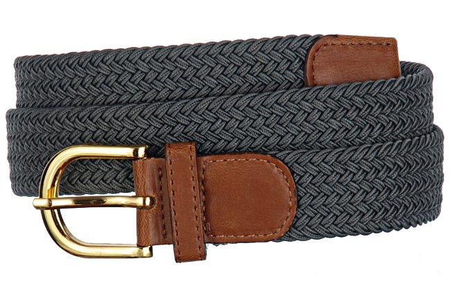 dark gray braided stretch belt with gold buckle