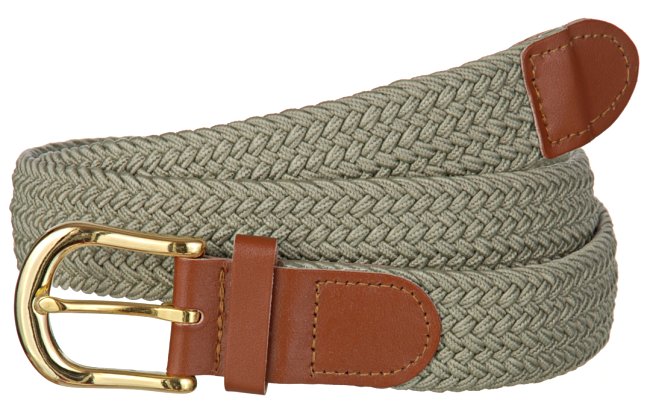 braided knitted elastic stretch belt, khaki with tan leather tabs and brass buckle