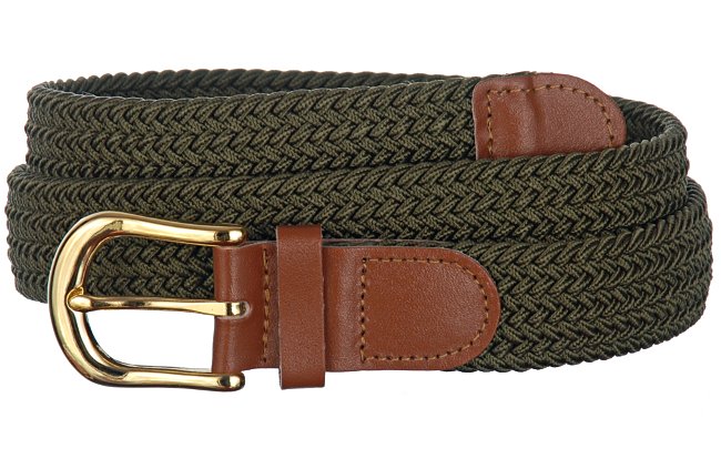 braided knitted elastic stretch belt, olive with tan leather tabs and brass buckle