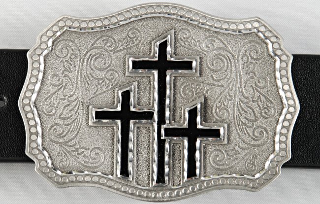 three crosses rectangular belt buckle in black enamel on pewter