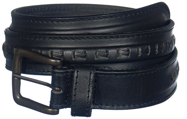 black oil-tanned leather belt with lacing and blackened brass buckle