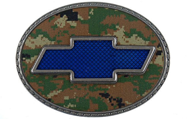 blue chevy bowtie on forest camo oval belt buckle