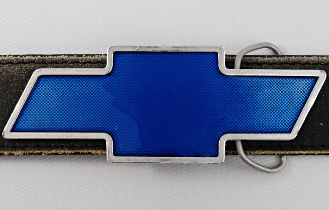 blue reflector Chevy bowtie belt buckle