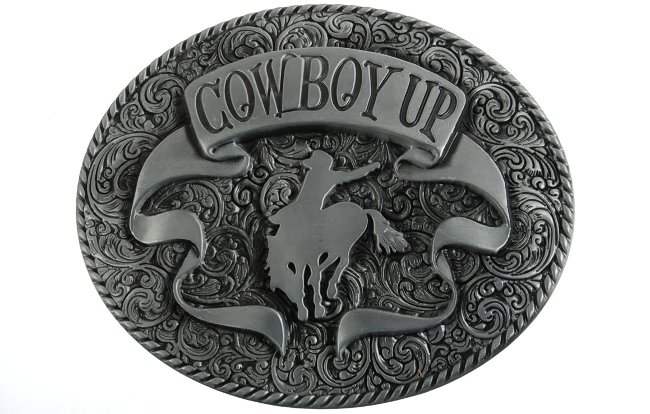 oval pewter and enamel Cowboy Up belt buckle