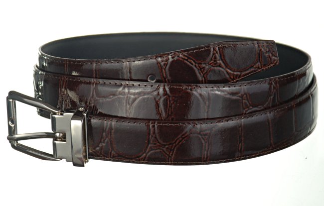 brown croc embossed dress belt with nickel or gold buckle