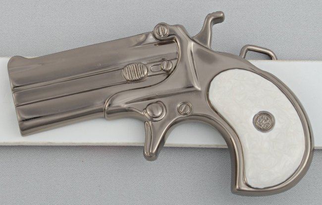 gunmetal derringer pistol belt buckle with white perl handle