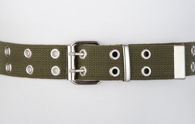 premium olive double grommet canvas belt with nickel polish roller buckle