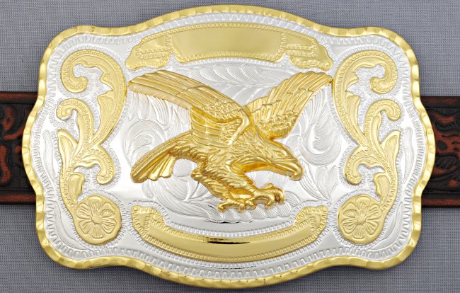 silver and gold tone attacking eagle western belt buckle