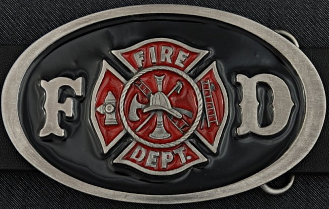 black and red oval Fire Department belt buckle with Maltese cross