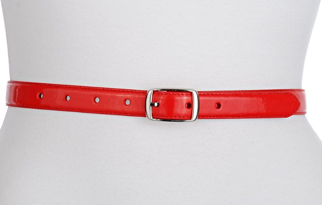 red patent leather narrow dress belt with silver buckle