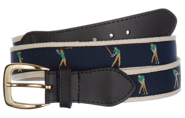 canvas belt with leather tabs and jaquard golf swing figures