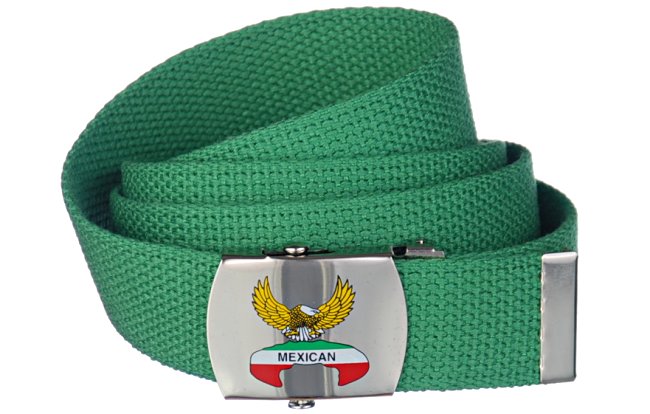 Mexican eagle buckle on green web belt