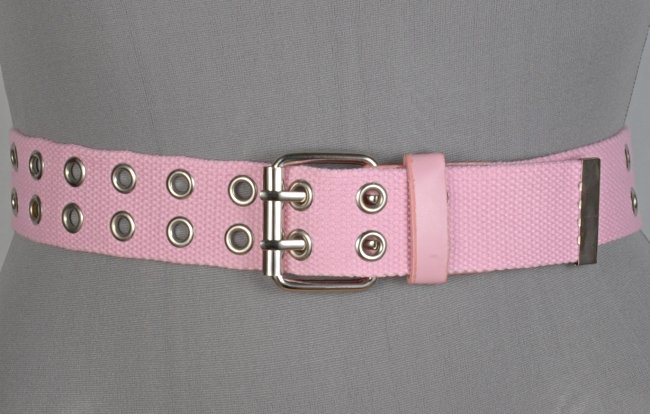 pink double grommet web belt with nickel polish double prong roller buckle