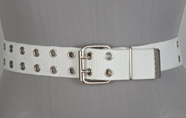 white double grommet web belt with double prong roller buckle