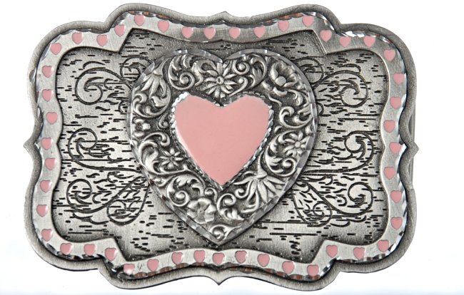 western rectangular shield shape pewter buckle with concentric hearts