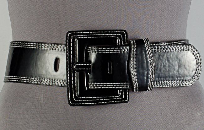 wide black vinyl fashion belt with big square buckle