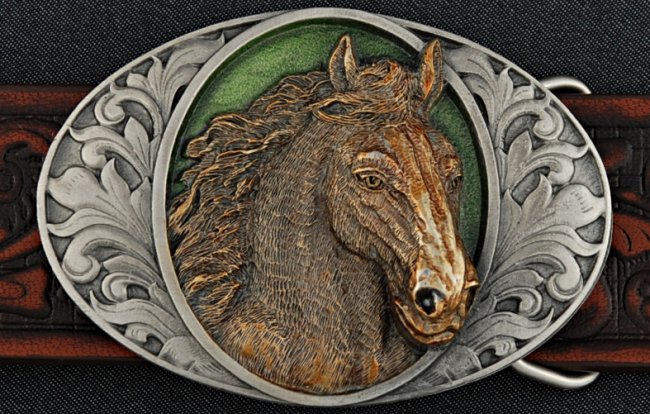 golden horse portrait oval western belt buckle