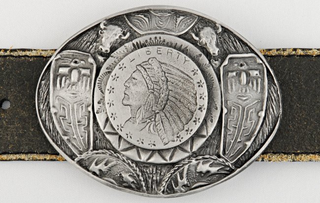 replica Indian Head coin on oval belt buckle