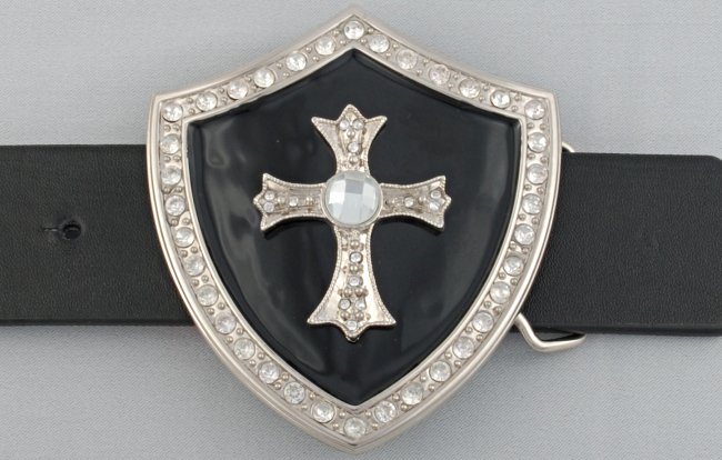 black enamel and rhinestone shield and cross belt buckle