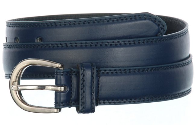 medium width navy blue double stitch leather dress belt with silver buckle