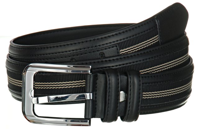 black leather belt with web trim and nickel buckle