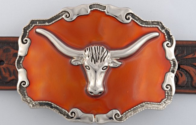 belt buckle, nickel polish longhorn on burnt orange enamel field