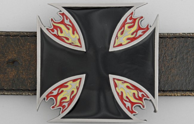 black belt buckle in shape of Maltese cross with flames