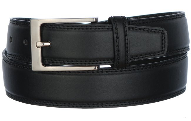 smooth grain double stitched leather dress belt with chrome buckle