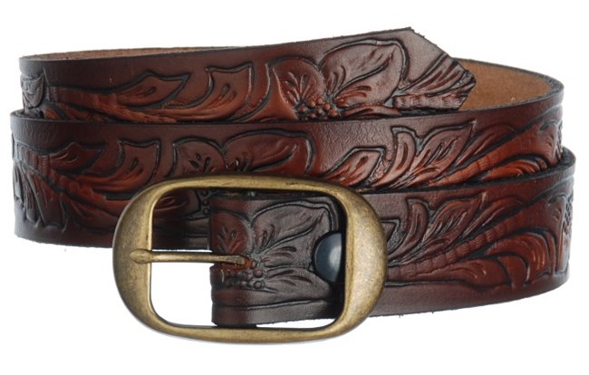 brown embossed medium wide genuine leather belt and buckle