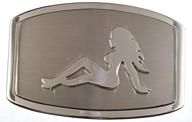 oblong belt buckle, chrome mudflap girl on brushed chrome field