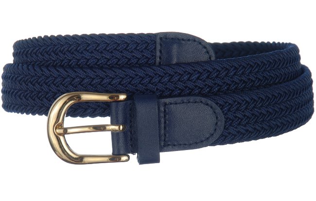 narrow braided knitted elastic belt, navy blue with gold buckle and matching tabs