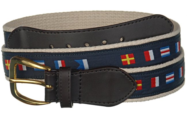 fabric web belt with leather tabs, gold-tone buckle, attached navy blue strip with embroidered maritime signal flags
