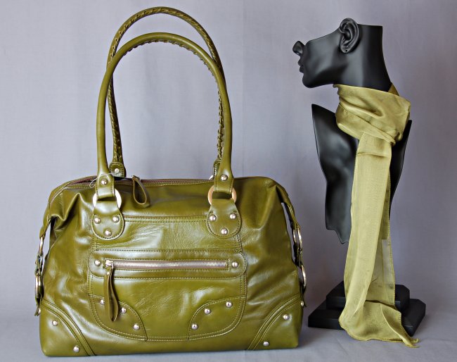 deep olive green rings and studs shoulder tote, laced straps, zipper top, nickel polish hardware