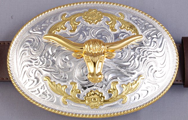 large belt buckle, gold-tone longhorn mounted on chrome oval