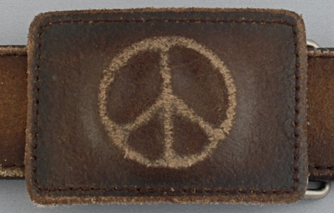 bas-relief peace sign distressed leather buckle