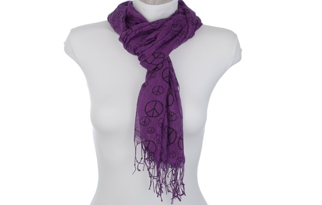 light-weight purple fringe scarf with peace signs