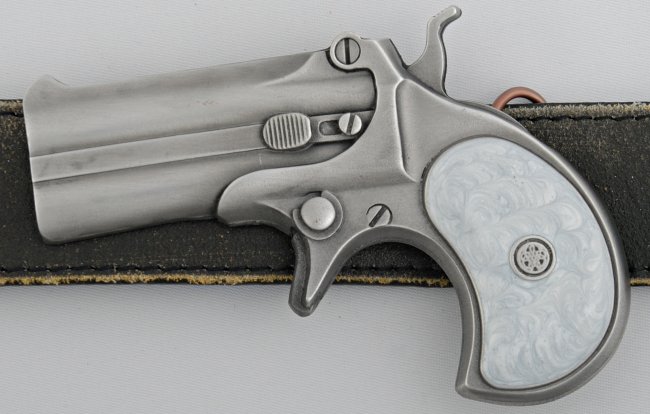 pearl-handled gray pewter derringer belt buckle