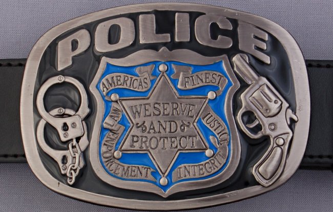 black and blue Police belt buckle, badge surrounded by cuffs and gun