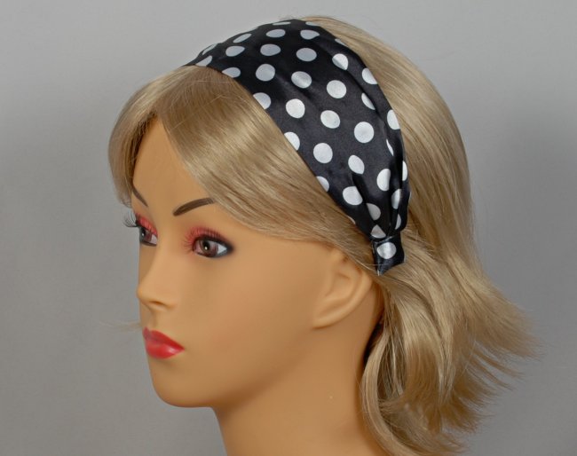 black satin hairband with white polka dots