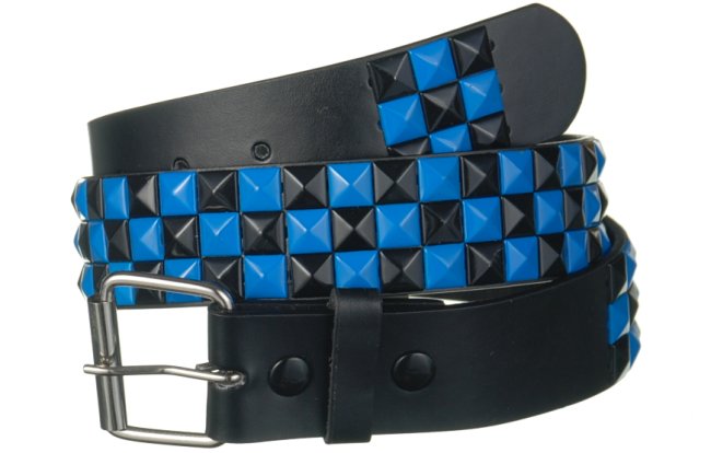 black and blue checkerboard pyramid stud belt with roller buckle