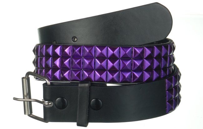 purple metallic pyramid studs on black leather belt with roller buckle