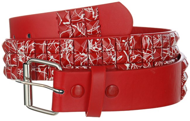 red and white pyramid stud belt with roller buckle