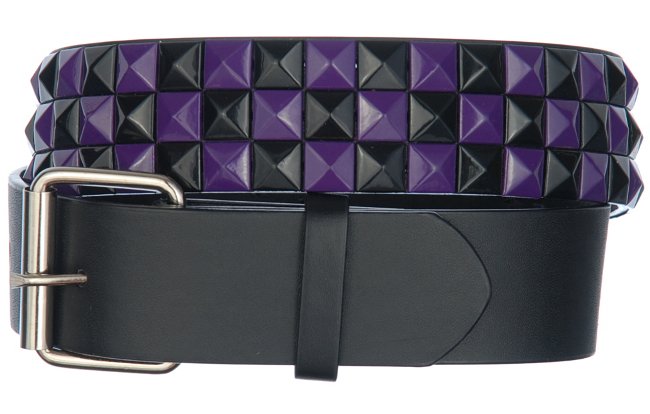 black and purple checkerboard pyramid stud belt with roller buckle