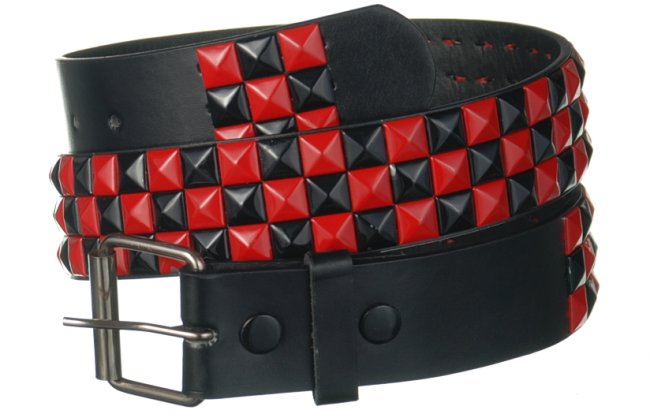 black and red checkerboard pyramid stud belt with roller buckle
